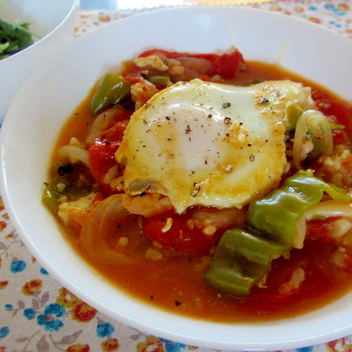 鮭とピーマンのトマトマヨスープご飯